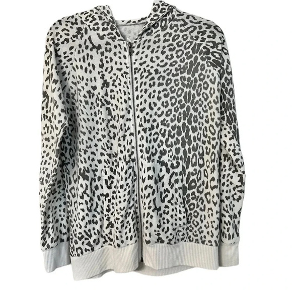 Chaser Women's Cheetah Gray & White Zip-Up Jacket with Hood & Pockets Size M GUC - Picture 1 of 11